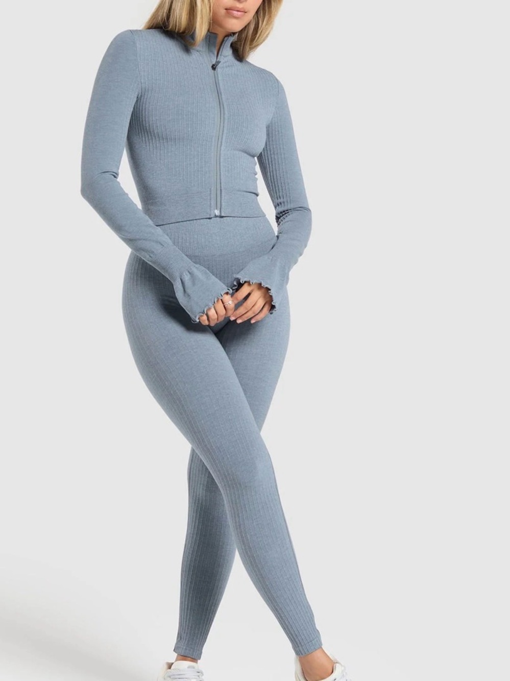 Gymshark Light Blue Ribbed High-Waist Leggings with Zip-Front Crop Jacket